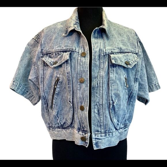 💥bruno Cassini vintage short sleeve acid wash retro denim Jean jacket Sz M/L - Picture 11 of 12